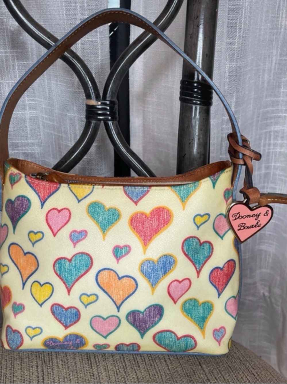 Dooney & Bourke Cream Multicolor Heart Print Shoulder Bag with Brown Trim - Picture 1 of 7